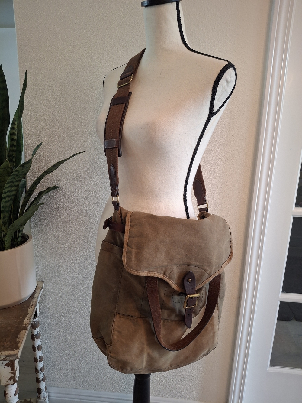 J. Crew Olive Brown Canvas Messenger Bag with Leather Trim